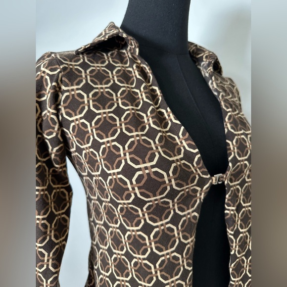 Motel Dark Brown Patterned Long Sleeve Plunge Collared Neckline - Picture 3 of 8